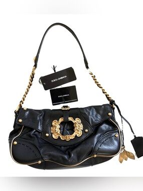 DOLCE & GABBANA VTG Y2K BLACK LEATHER BAROQUE GOLD CHERUB SHOULDER CHAIN BAG